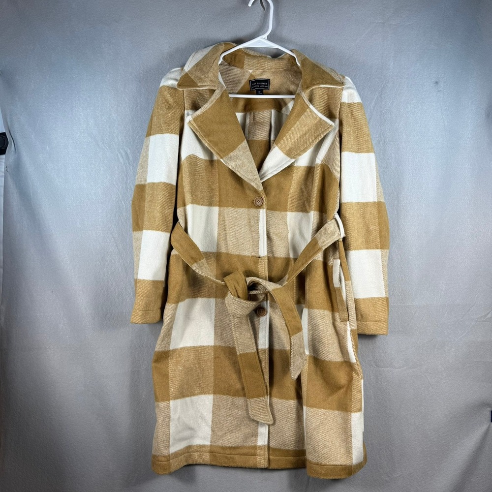 G by Giuliana Black Label Tan Buffalo Plaid Belted Trench Coat Womens Medium P